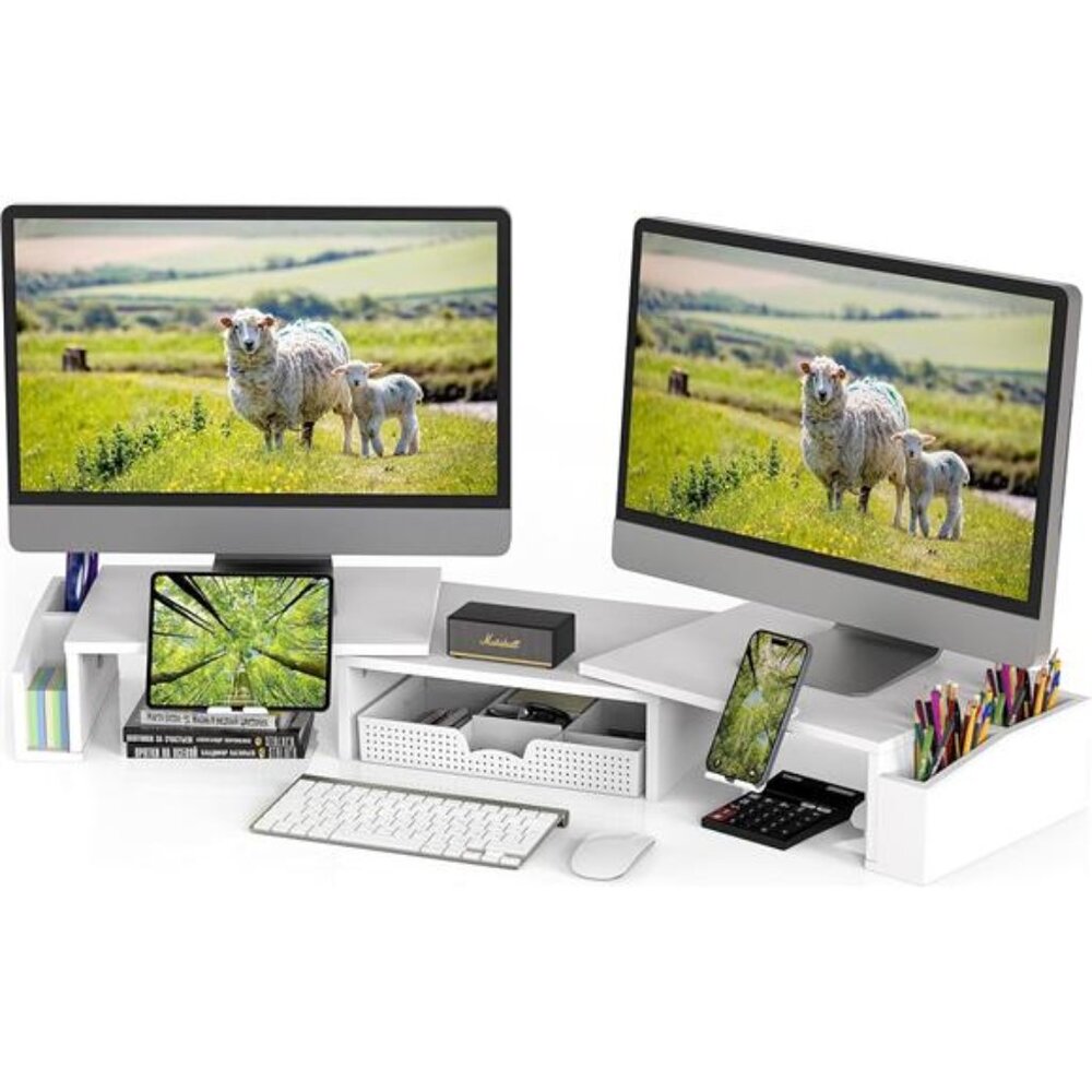 Dual Monitor Stand Riser with Drawer Desk Organizer Phone Tablet Holder White